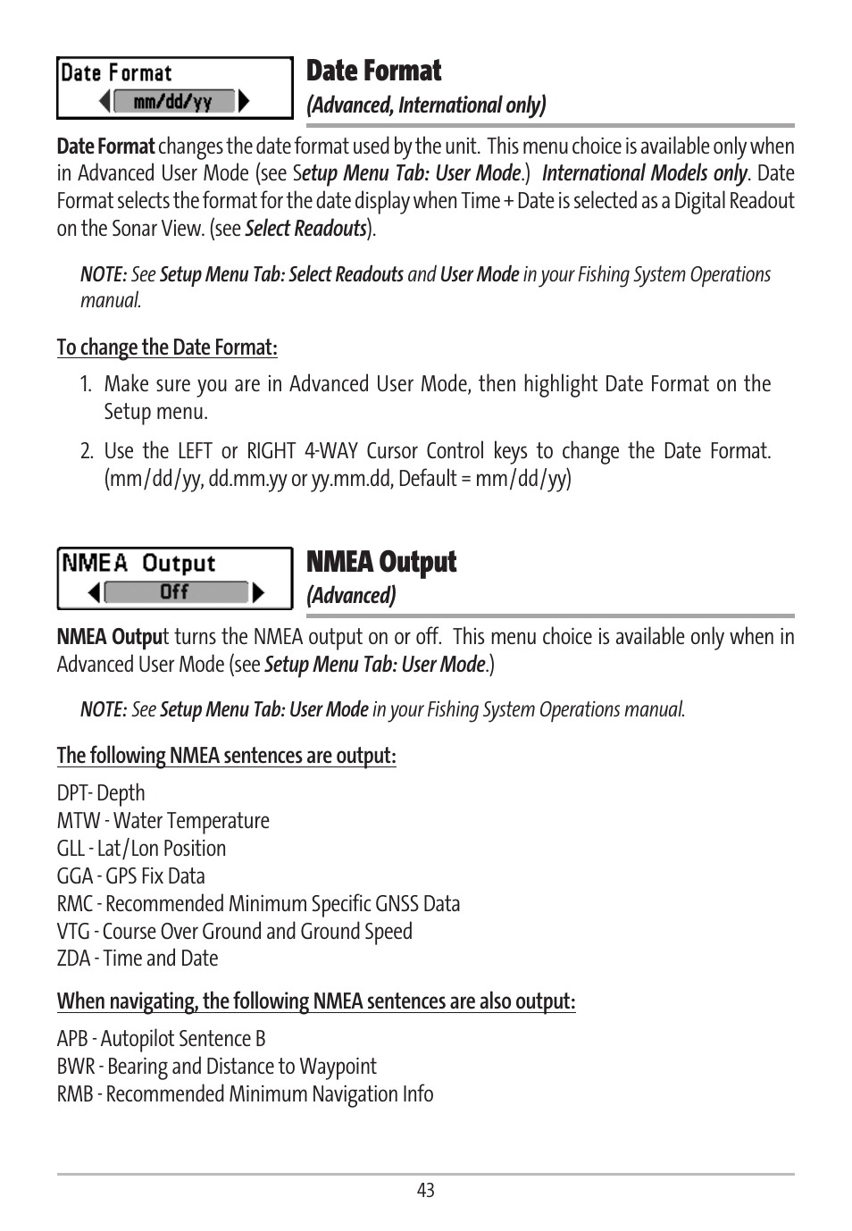 Date format, Nmea output | Humminbird GR16 User Manual | Page 48 / 60