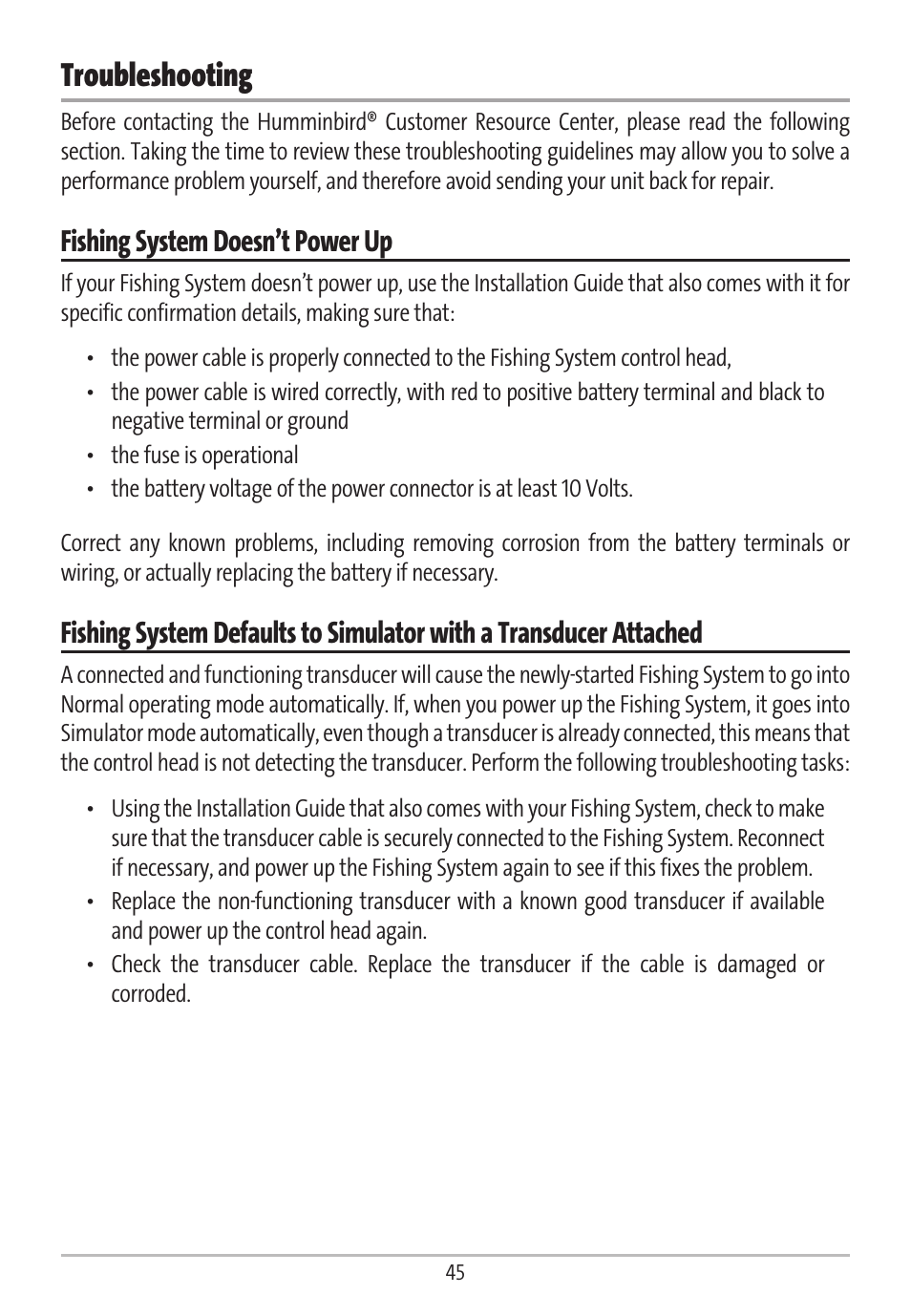 Troubleshooting, Fishing system doesn’t power up | Humminbird GR16 User Manual | Page 50 / 60