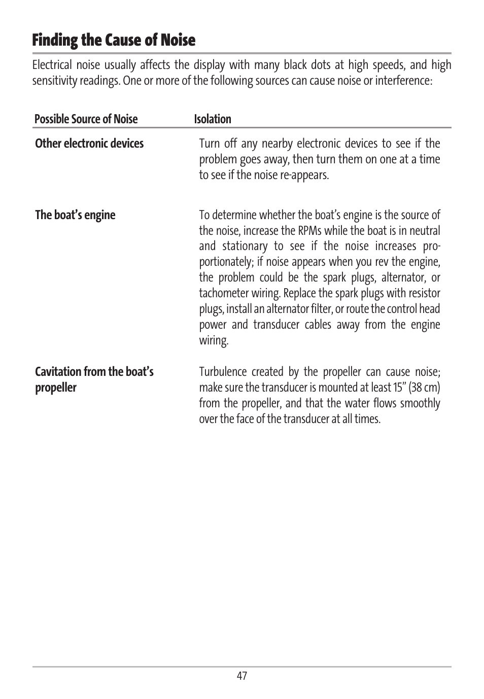 Finding the cause of noise | Humminbird GR16 User Manual | Page 52 / 60