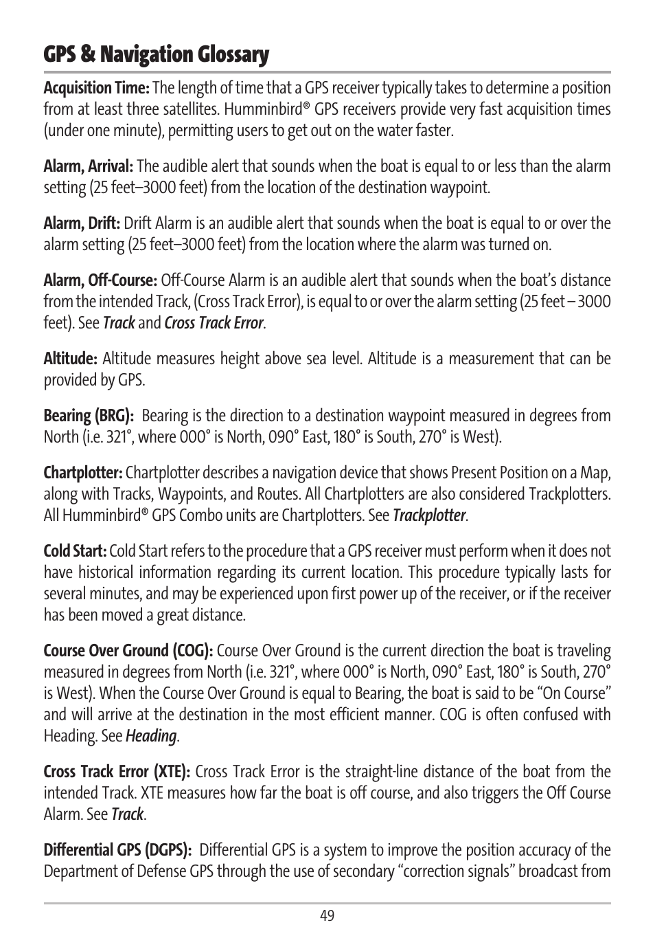 Gps & navigation glossary | Humminbird GR16 User Manual | Page 54 / 60