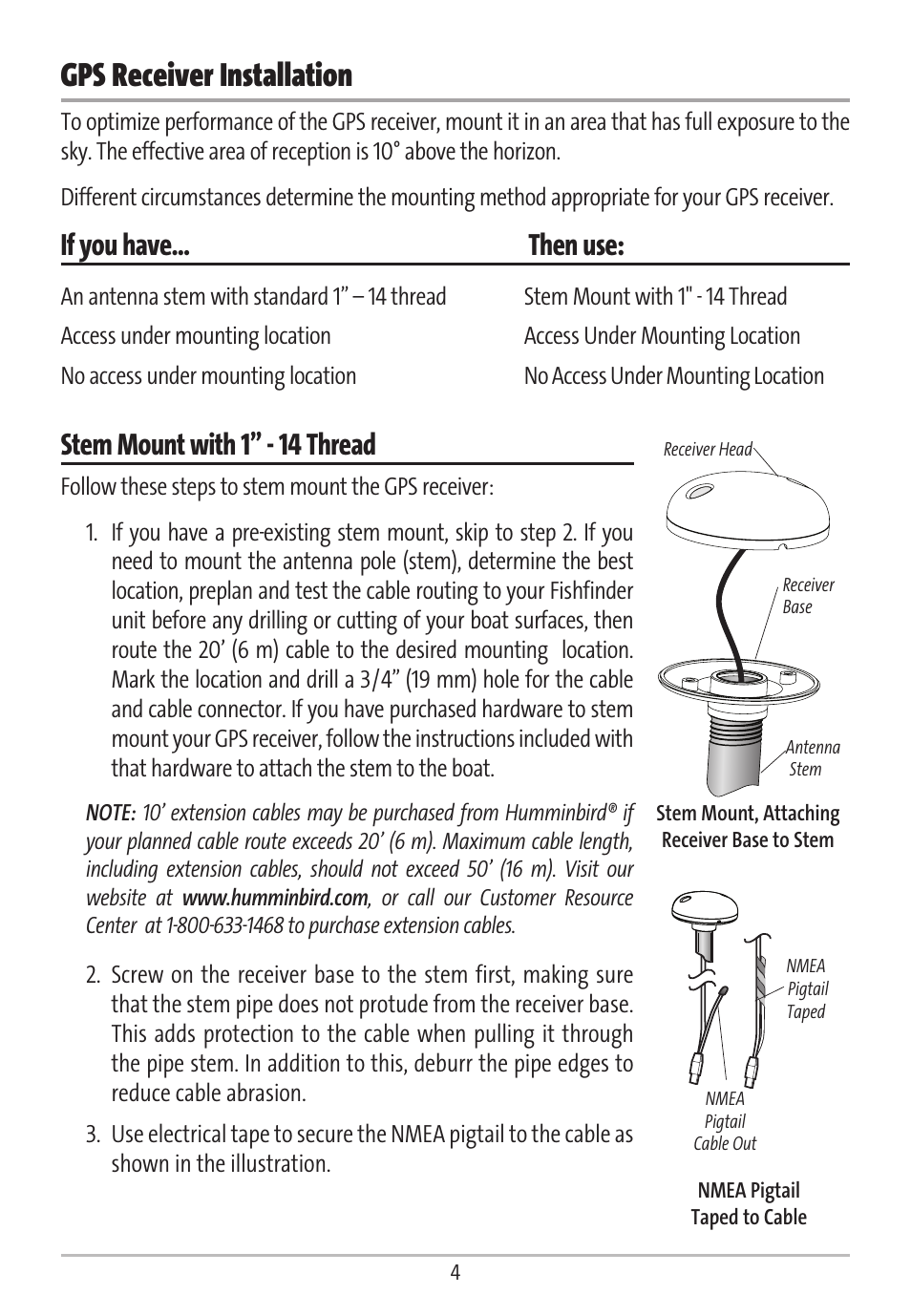 Gps receiver installation, If you have… then use, Stem mount with 1” - 14 thread | Humminbird GR16 User Manual | Page 9 / 60
