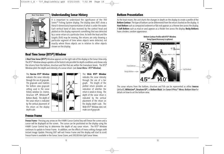 Bottom presentation, Understanding sonar history, Real time sonar (rts®) window | Freeze frame | Humminbird 531438-1_A User Manual | Page 10 / 59