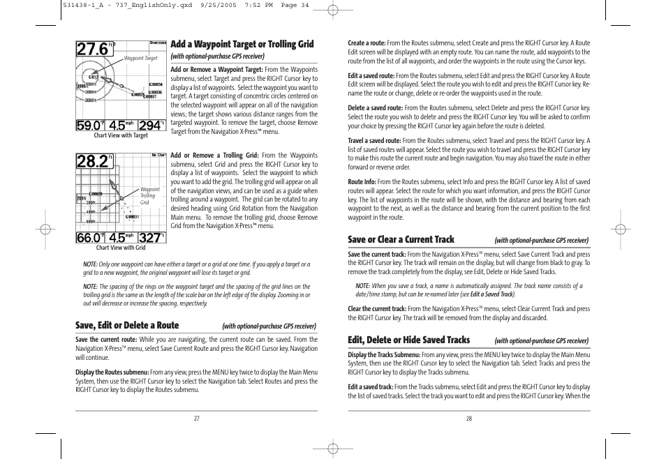 Save or clear a current track, Edit, delete or hide saved tracks, Add a waypoint target or trolling grid | Save, edit or delete a route | Humminbird 531438-1_A User Manual | Page 18 / 59