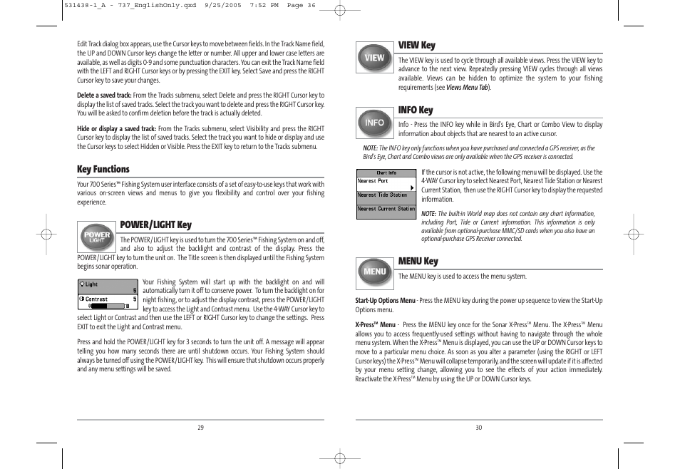 View key, Info key, Menu key | Key functions, Power/light key | Humminbird 531438-1_A User Manual | Page 19 / 59