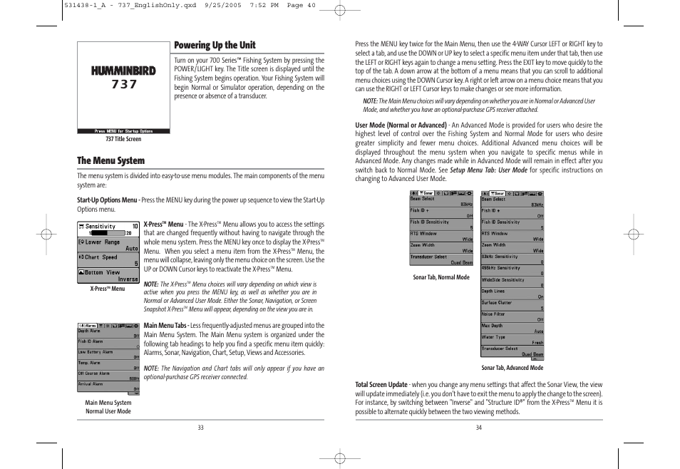 Powering up the unit, The menu system | Humminbird 531438-1_A User Manual | Page 21 / 59