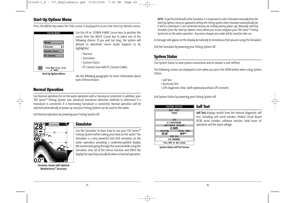 System status, Self test, Start-up options menu | Normal operation, Simulator | Humminbird 531438-1_A User Manual | Page 22 / 59