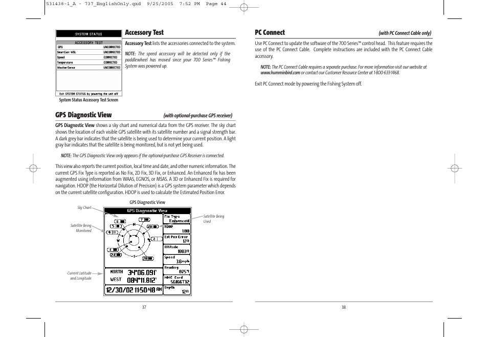 Pc connect, Accessory test, Gps diagnostic view | Humminbird 531438-1_A User Manual | Page 23 / 59