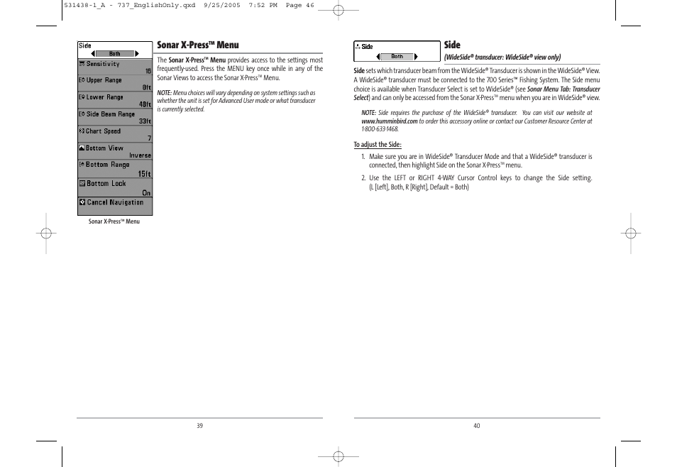 Side, Sonar x-press, Menu | Humminbird 531438-1_A User Manual | Page 24 / 59