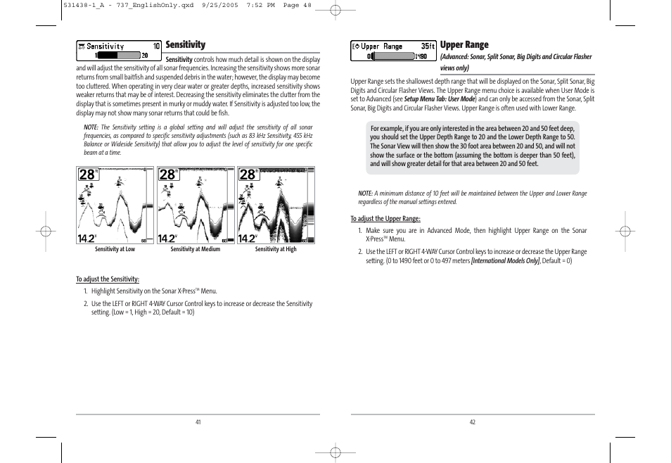 Upper range, Sensitivity | Humminbird 531438-1_A User Manual | Page 25 / 59