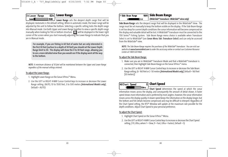 Side beam range, Chart speed, Lower range | Humminbird 531438-1_A User Manual | Page 26 / 59