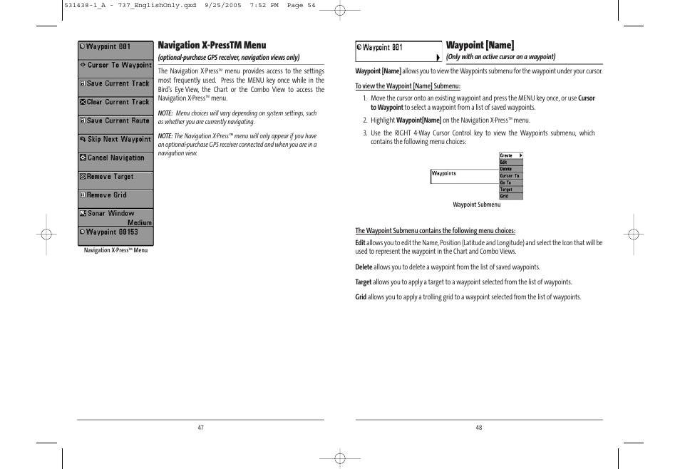 Waypoint [name, Navigation x-presstm menu | Humminbird 531438-1_A User Manual | Page 28 / 59