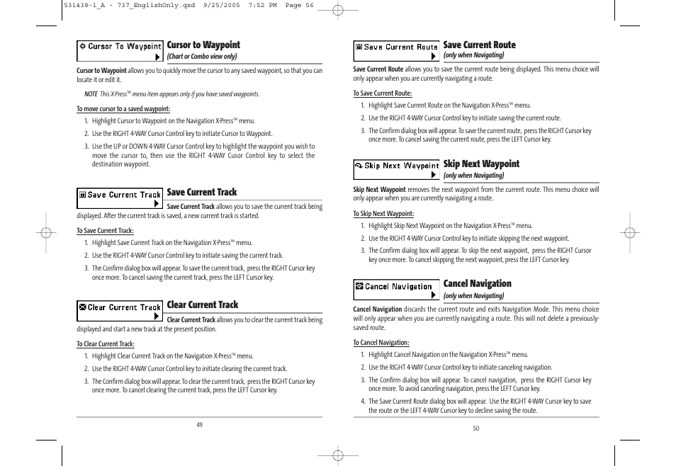 Save current route, Skip next waypoint, Cancel navigation | Cursor to waypoint, Save current track, Clear current track | Humminbird 531438-1_A User Manual | Page 29 / 59