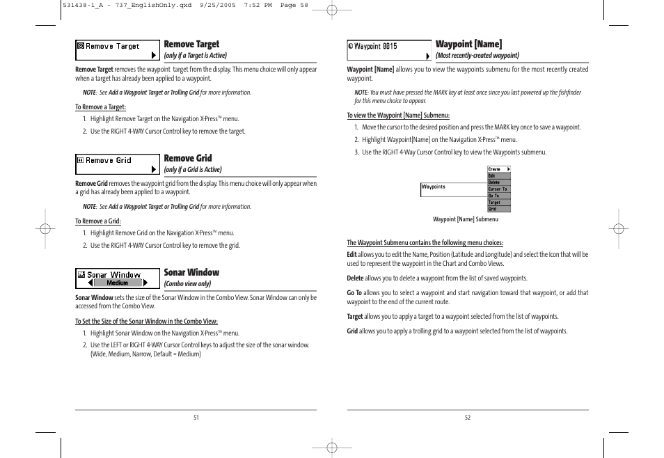 Waypoint [name, Remove target, Remove grid | Sonar window | Humminbird 531438-1_A User Manual | Page 30 / 59