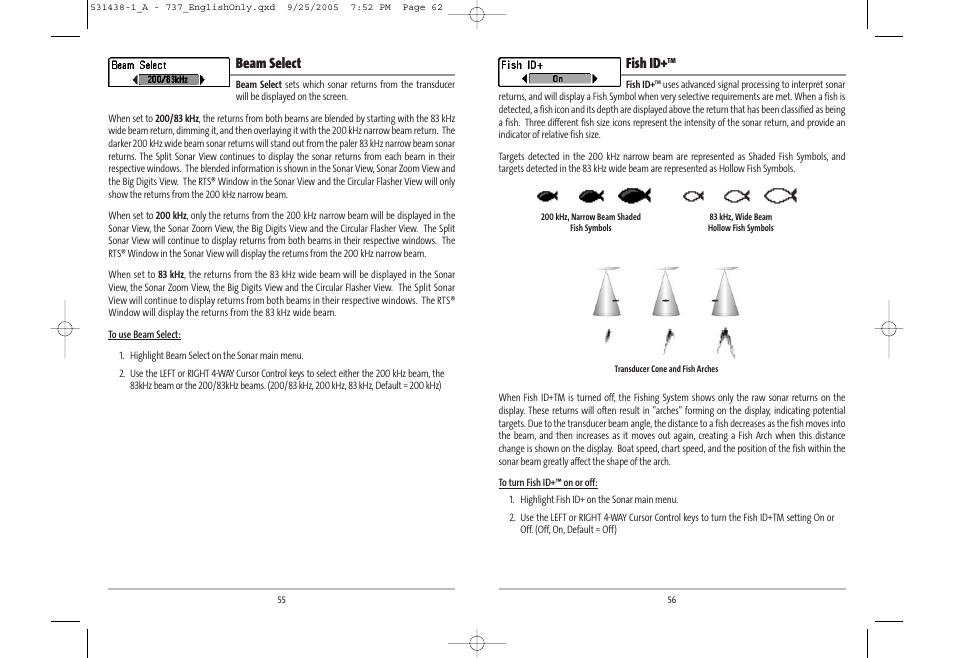 Fish id, Beam select | Humminbird 531438-1_A User Manual | Page 32 / 59