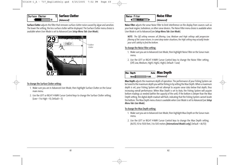 Noise filter, Max depth, Surface clutter | Humminbird 531438-1_A User Manual | Page 35 / 59