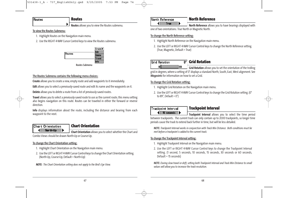 North reference, Grid rotation, Trackpoint interval | Routes, Chart orientation | Humminbird 531438-1_A User Manual | Page 38 / 59
