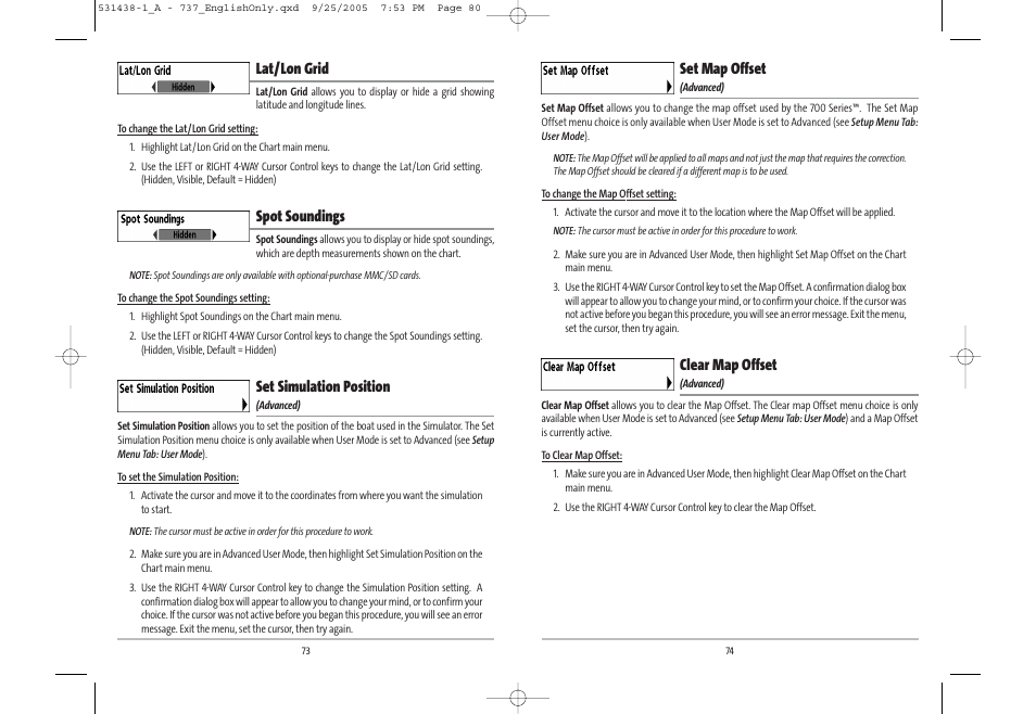 Set map offset, Clear map offset, Lat/lon grid | Spot soundings, Set simulation position | Humminbird 531438-1_A User Manual | Page 41 / 59