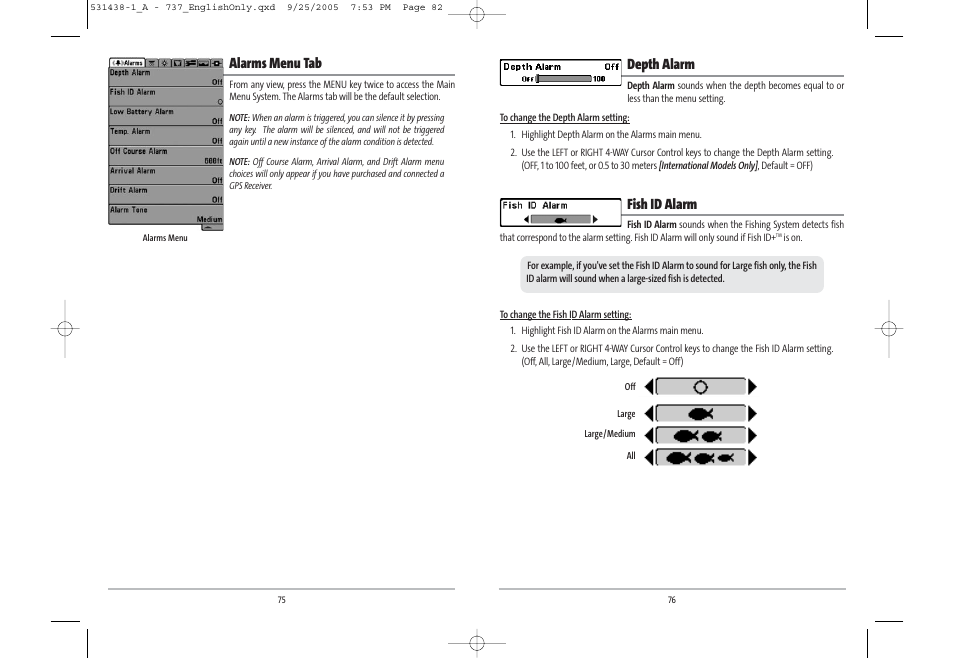 Depth alarm, Fish id alarm, Alarms menu tab | Humminbird 531438-1_A User Manual | Page 42 / 59