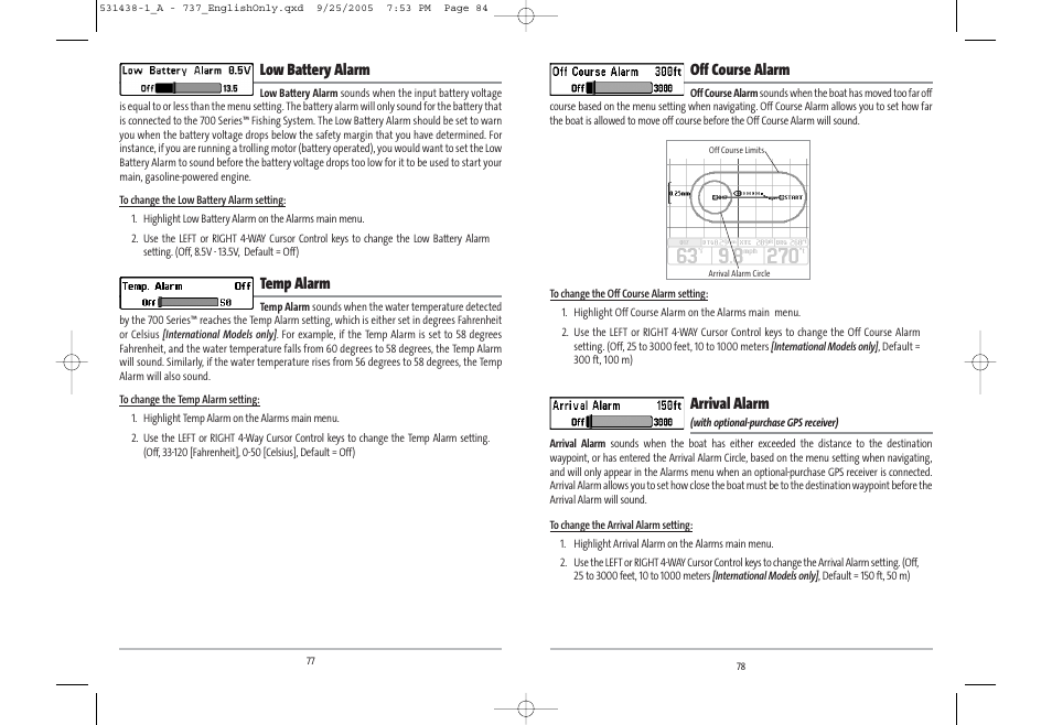 Off course alarm, Arrival alarm, Low battery alarm | Temp alarm | Humminbird 531438-1_A User Manual | Page 43 / 59