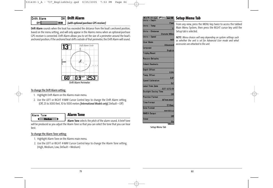 Setup menu tab, Drift alarm, Alarm tone | Humminbird 531438-1_A User Manual | Page 44 / 59