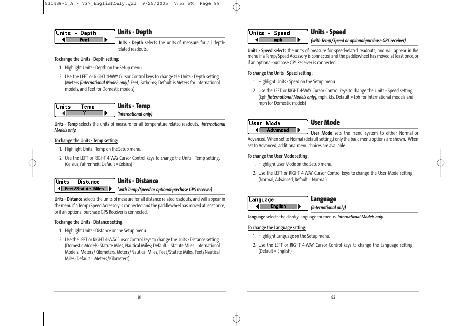 Units - speed, User mode, Language | Units - depth, Units - temp, Units - distance | Humminbird 531438-1_A User Manual | Page 45 / 59