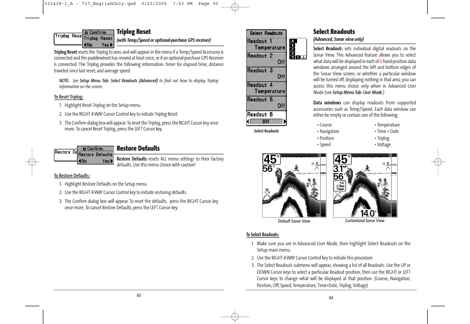 Select readouts, Triplog reset, Restore defaults | Humminbird 531438-1_A User Manual | Page 46 / 59