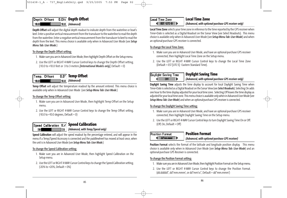 Position format, Depth offset, Temp offset | Speed calibration, Local time zone, Daylight saving time | Humminbird 531438-1_A User Manual | Page 47 / 59