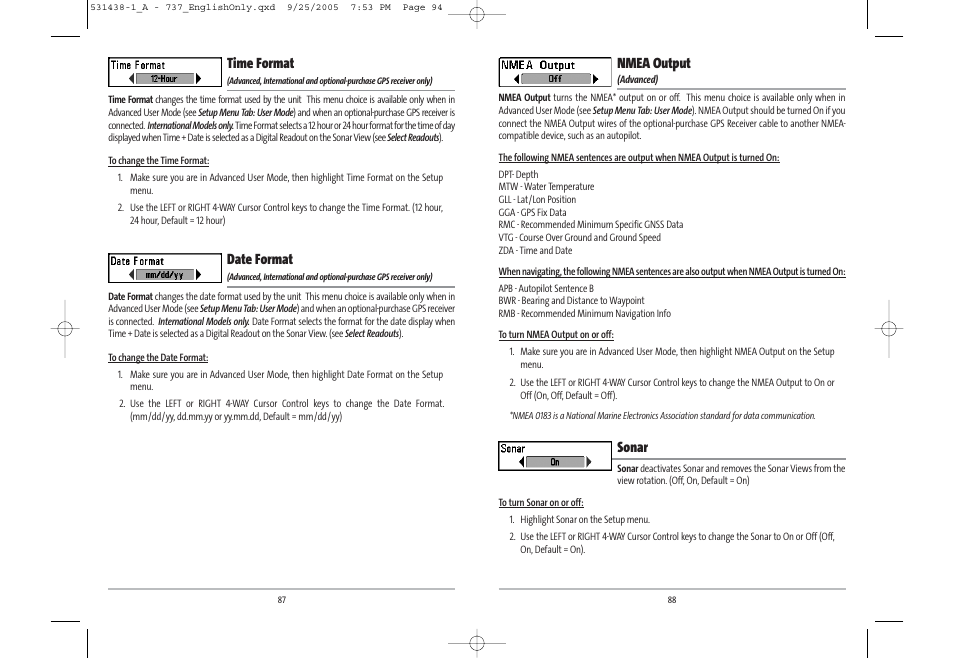 Time format, Date format, Nmea output | Sonar | Humminbird 531438-1_A User Manual | Page 48 / 59