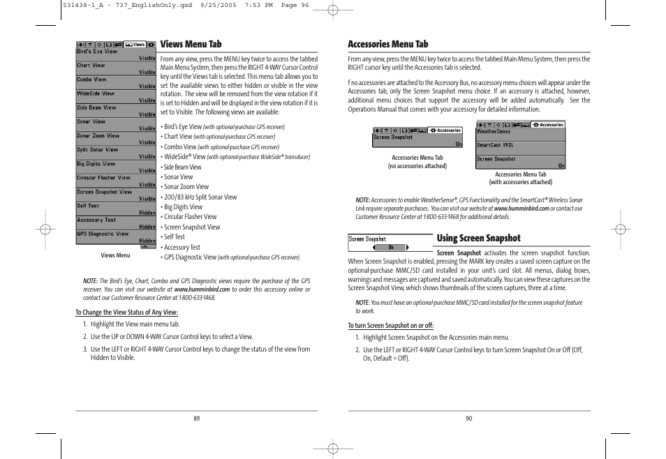 Views menu tab, Accessories menu tab, Using screen snapshot | Humminbird 531438-1_A User Manual | Page 49 / 59