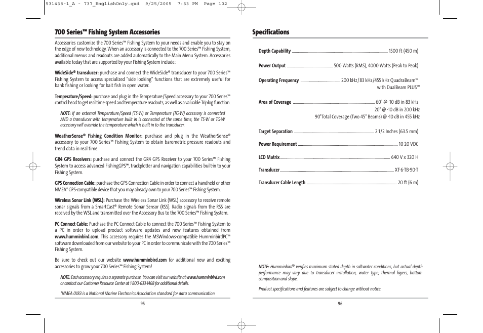 700 series™ fishing system accessories, Specifications | Humminbird 531438-1_A User Manual | Page 52 / 59