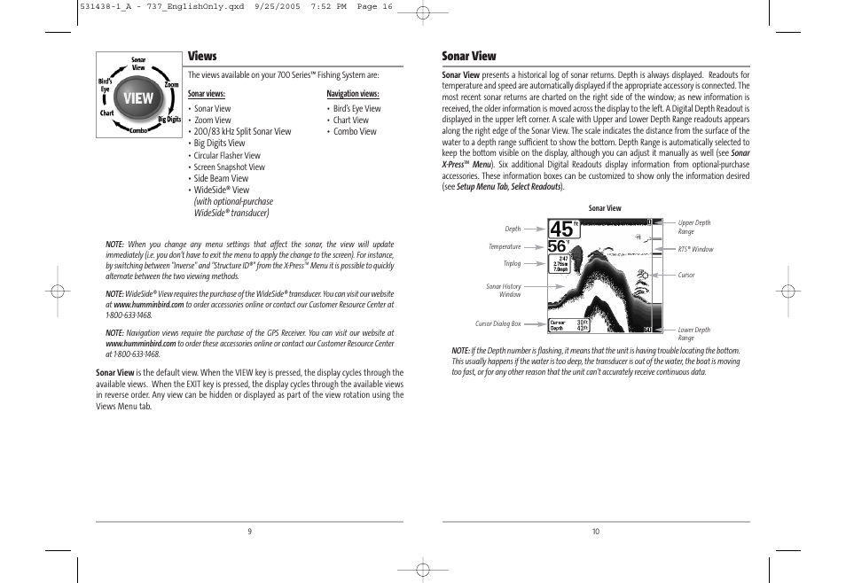 Sonar view, Views | Humminbird 531438-1_A User Manual | Page 9 / 59