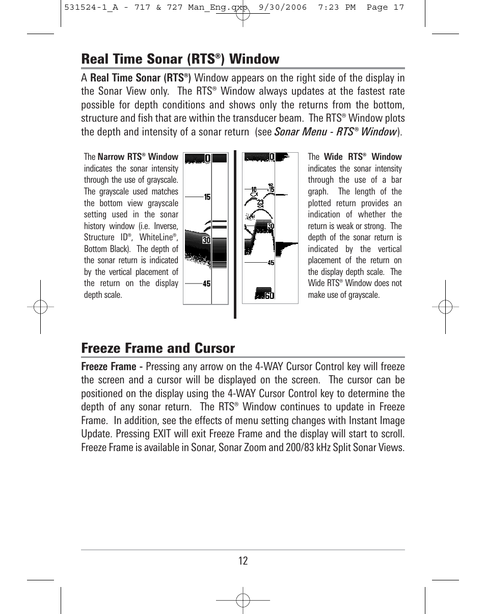 Real time sonar (rts®) window, Freeze frame and cursor | Humminbird 727 User Manual | Page 17 / 96