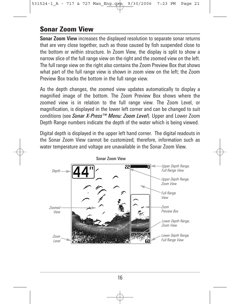 Sonar zoom view | Humminbird 727 User Manual | Page 21 / 96