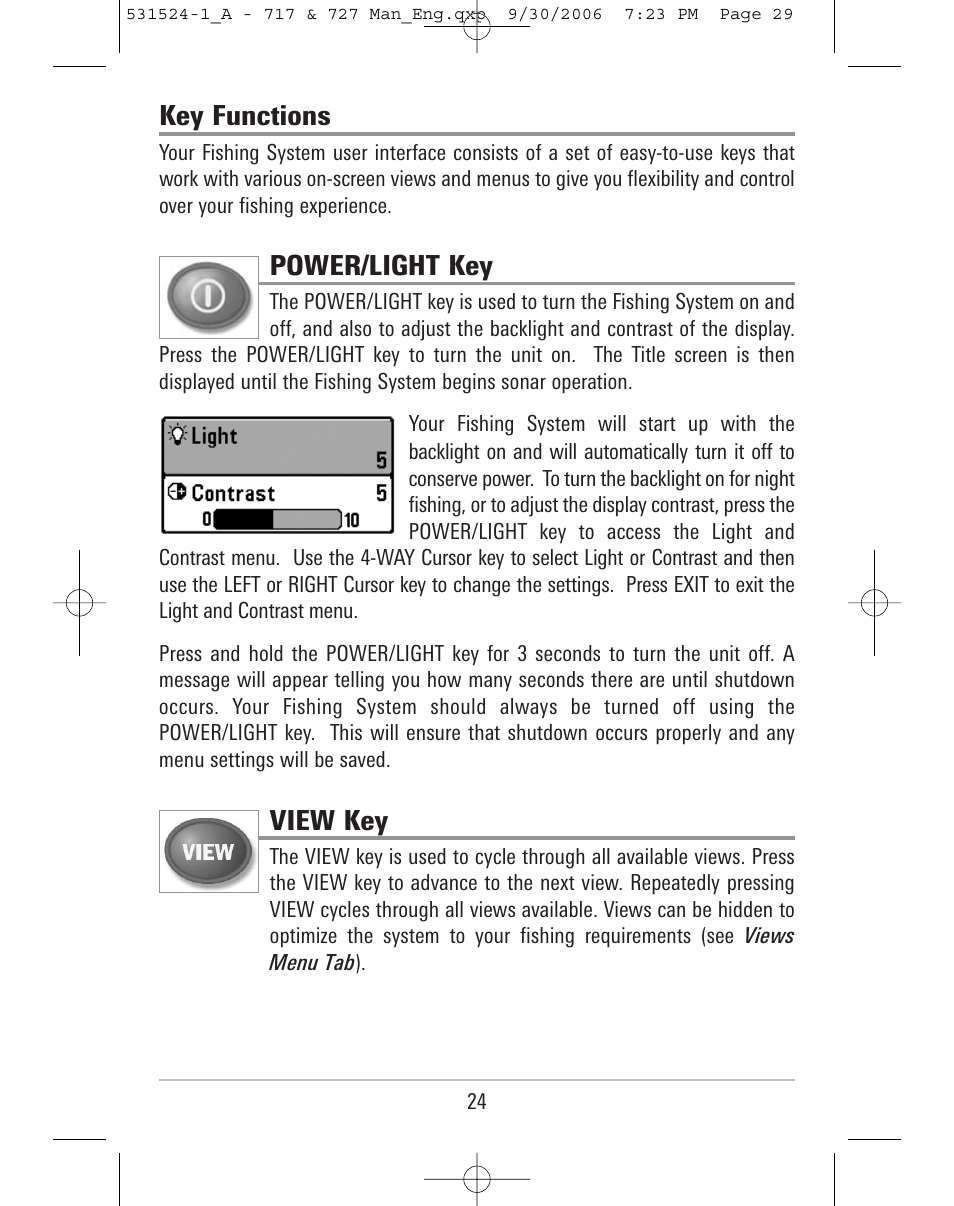 Key functions, Power/light key, View key | Humminbird 727 User Manual | Page 29 / 96