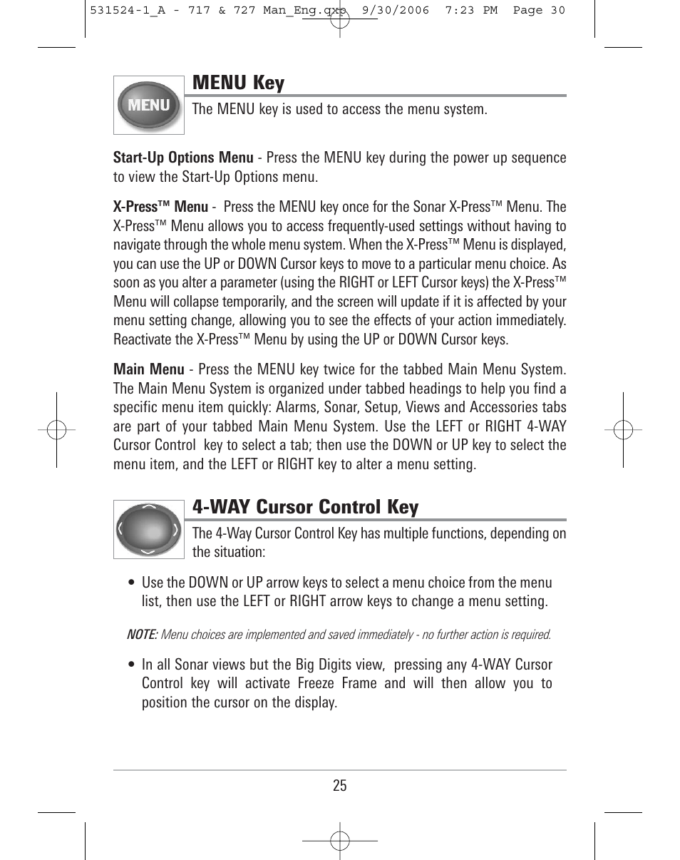 Menu key, Way cursor control key | Humminbird 727 User Manual | Page 30 / 96