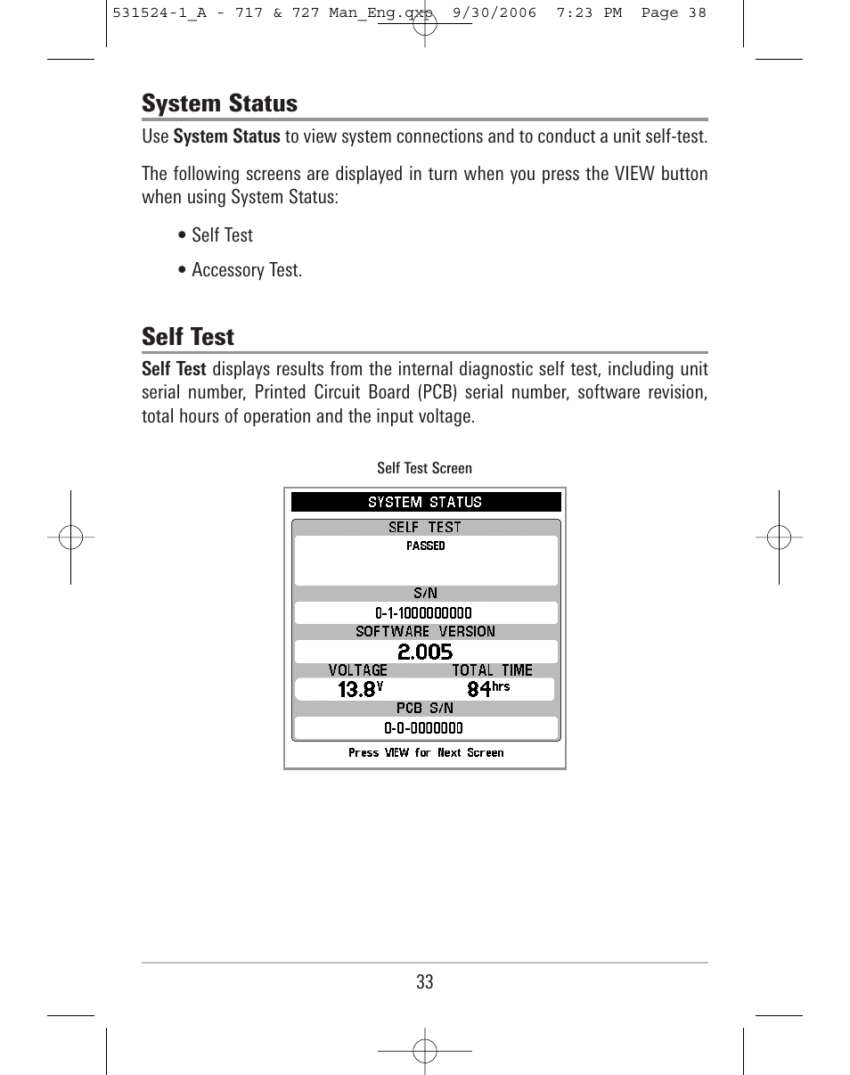 System status, Self test | Humminbird 727 User Manual | Page 38 / 96