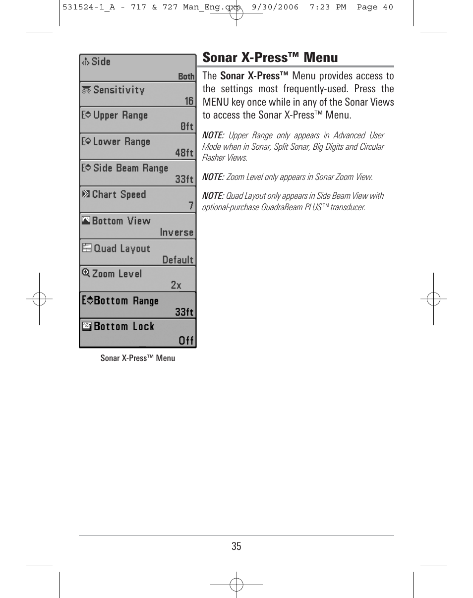 Sonar x-press™ menu | Humminbird 727 User Manual | Page 40 / 96