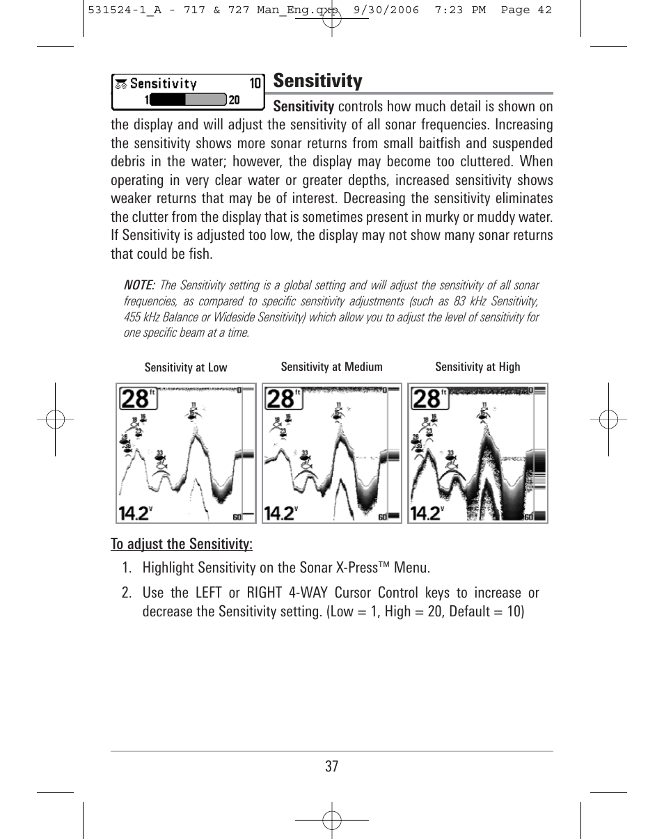 Sensitivity | Humminbird 727 User Manual | Page 42 / 96