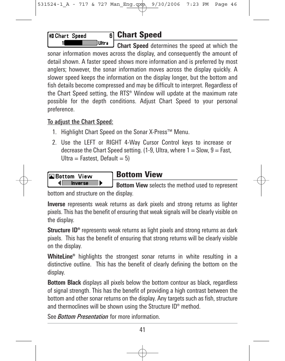 Chart speed, Bottom view | Humminbird 727 User Manual | Page 46 / 96