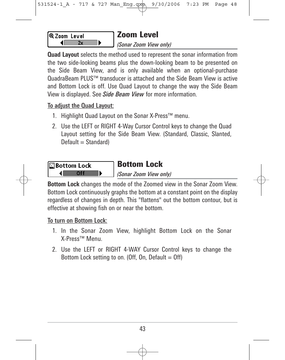 Zoom level, Bottom lock | Humminbird 727 User Manual | Page 48 / 96