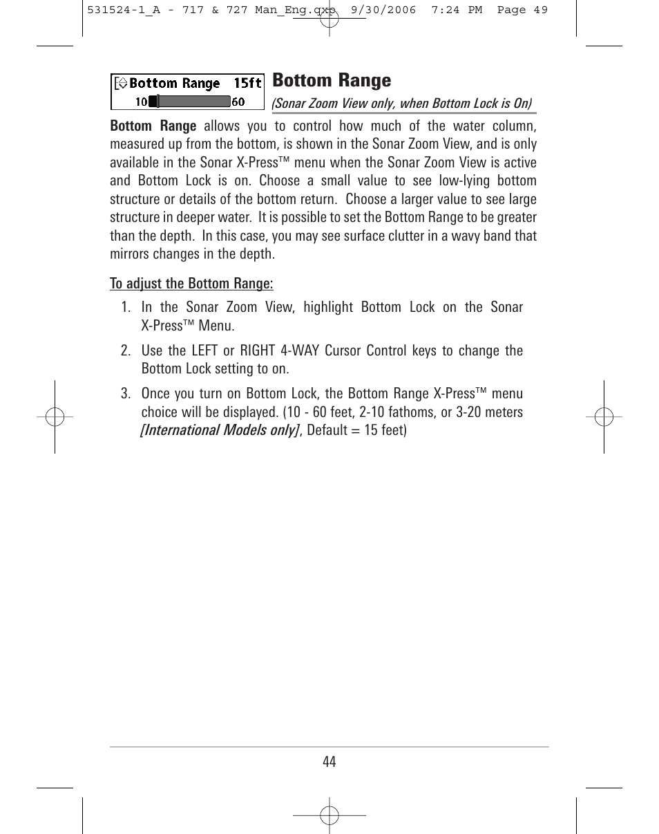Bottom range | Humminbird 727 User Manual | Page 49 / 96