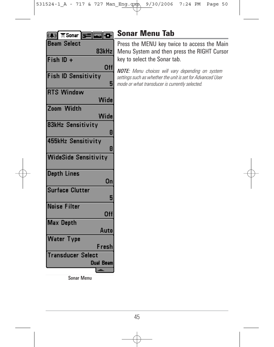 Sonar menu tab | Humminbird 727 User Manual | Page 50 / 96