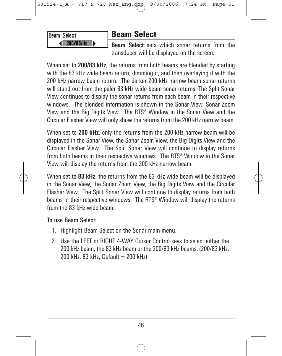 Beam select | Humminbird 727 User Manual | Page 51 / 96