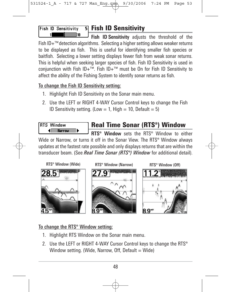 Fish id sensitivity, Real time sonar (rts®) window | Humminbird 727 User Manual | Page 53 / 96