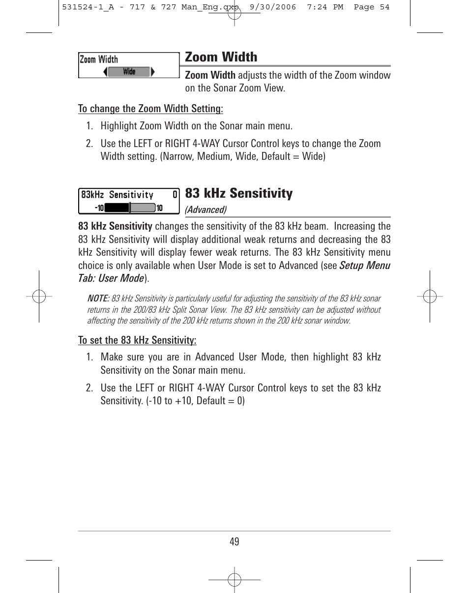 Zoom width, 83 khz sensitivity | Humminbird 727 User Manual | Page 54 / 96