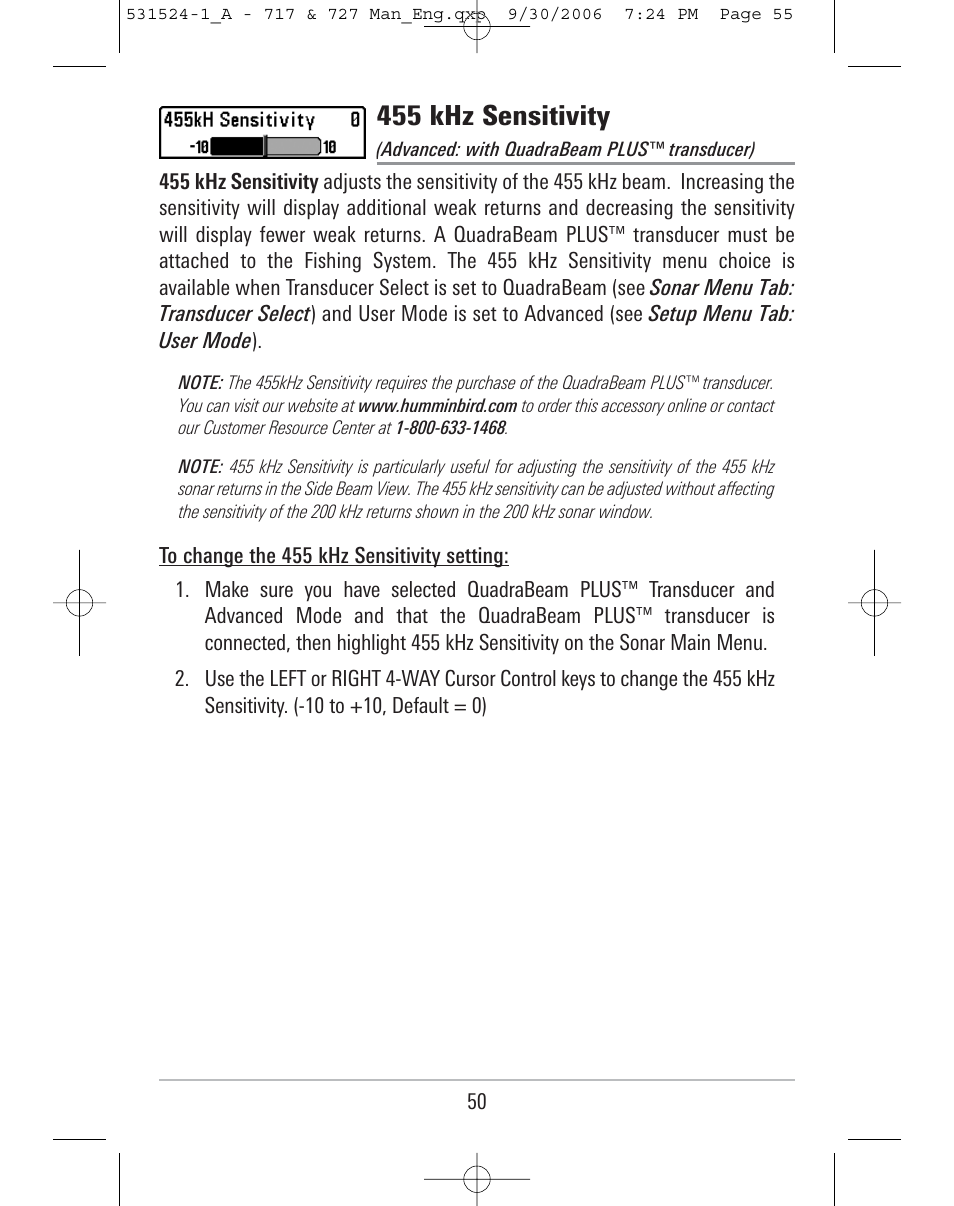 455 khz sensitivity | Humminbird 727 User Manual | Page 55 / 96