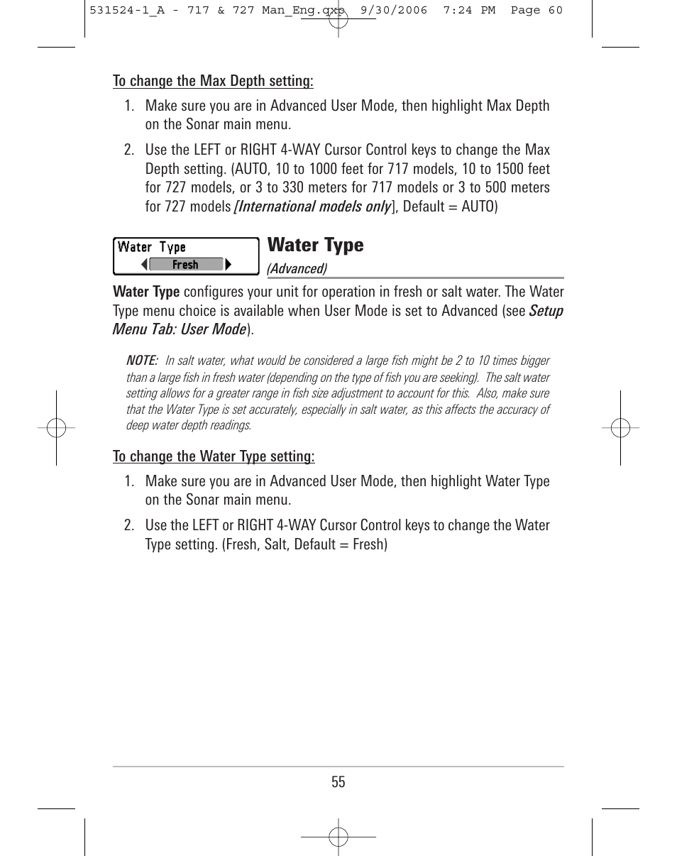 Water type | Humminbird 727 User Manual | Page 60 / 96
