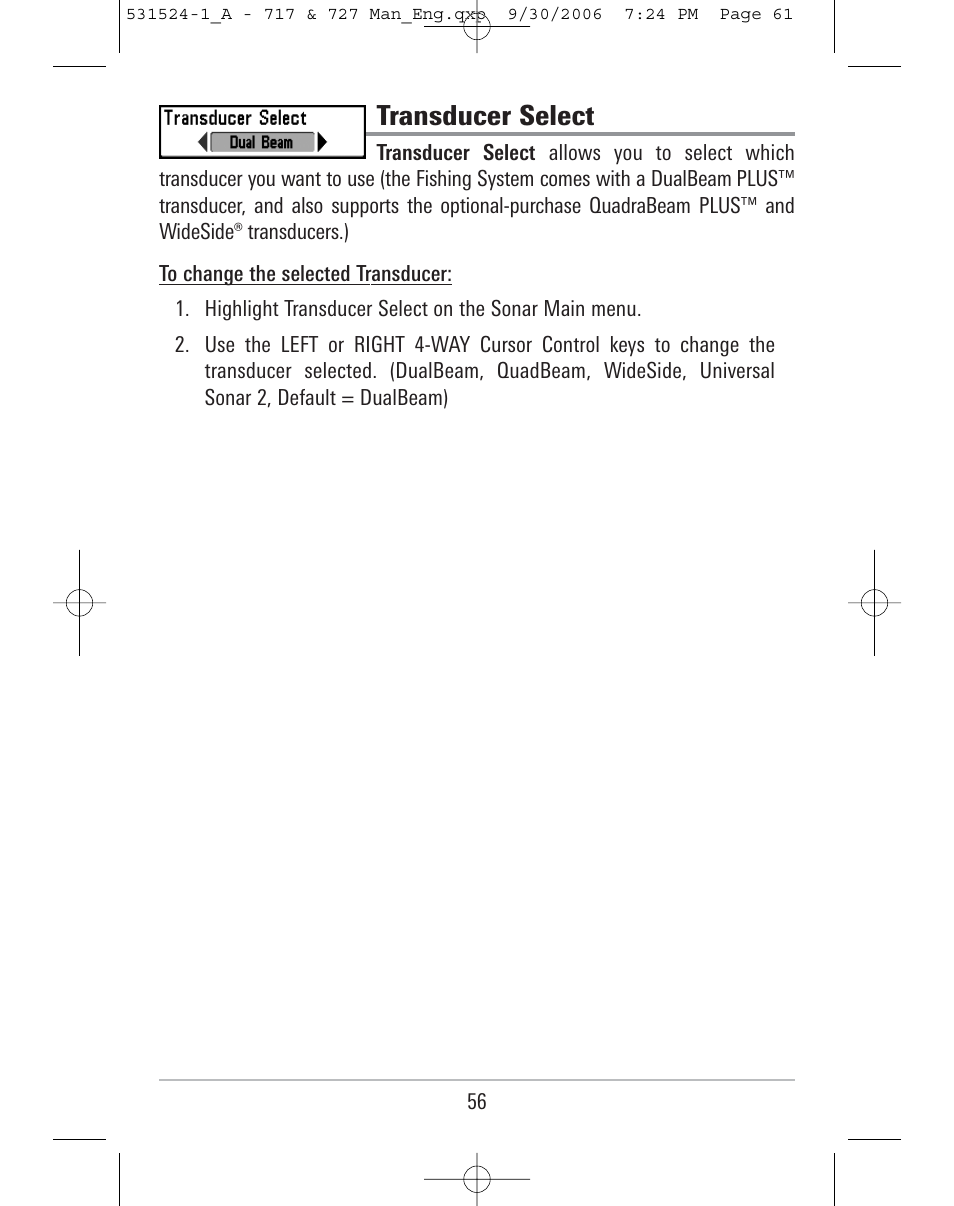 Transducer select | Humminbird 727 User Manual | Page 61 / 96