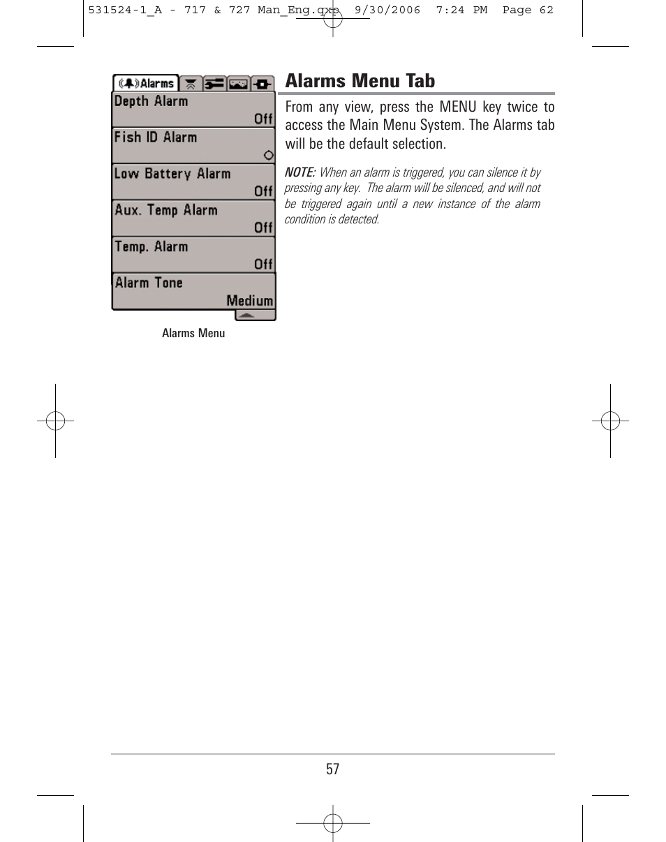 Alarms menu tab | Humminbird 727 User Manual | Page 62 / 96