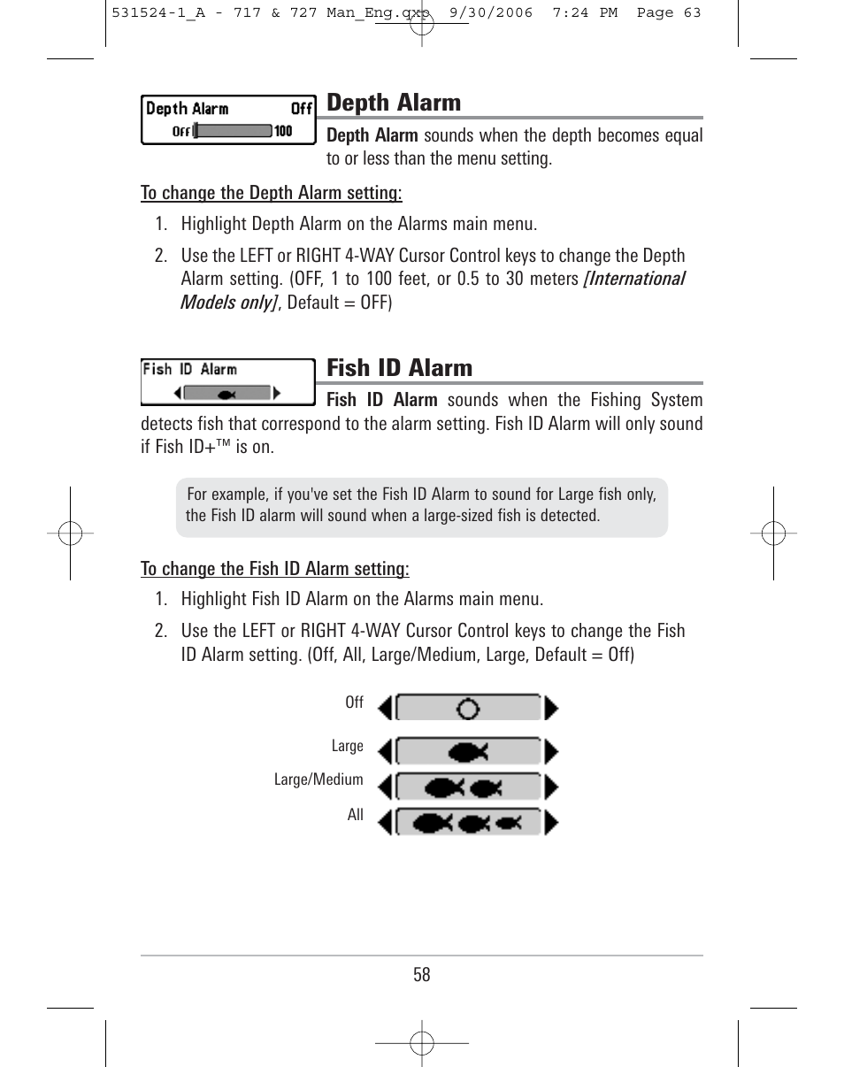Depth alarm, Fish id alarm | Humminbird 727 User Manual | Page 63 / 96